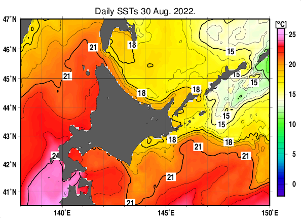 北海道周辺海域の海面水温分布図（8月30日）