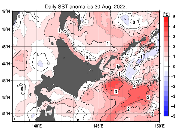 北海道周辺海域の海面水温平年差分布図（8月30日）