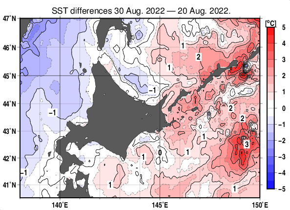 北海道周辺海域の10日間の海面水温変化量分布図（8月30日）