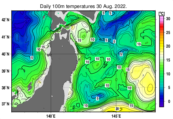 東北周辺海域の深さ100mの水温分布図（8月30日）
