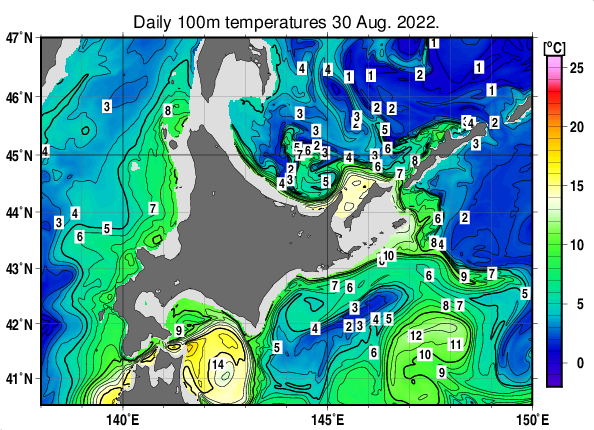 北海道周辺海域の深さ100mの水温分布図（8月30日）