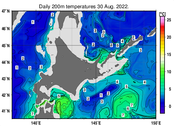 北海道周辺海域の深さ200mの水温分布図（8月30日）