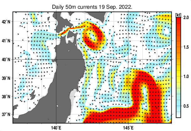 東北周辺海域の深さ50mの海流分布図（9月19日）