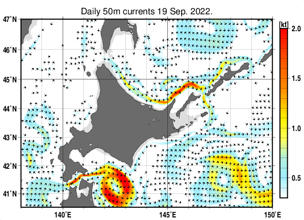 北海道周辺海域の深さ50mの海流分布図（9月19日）