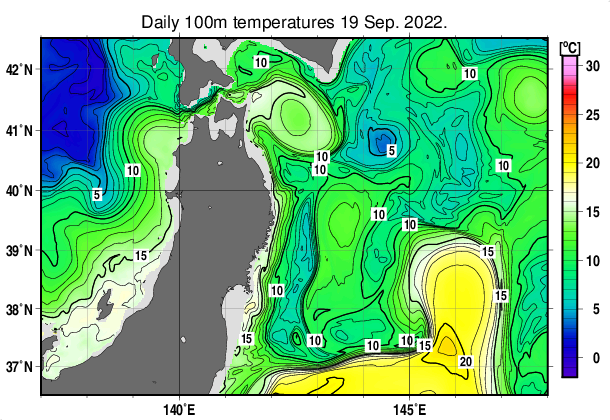 東北周辺海域の深さ100mの水温分布図（9月19日）