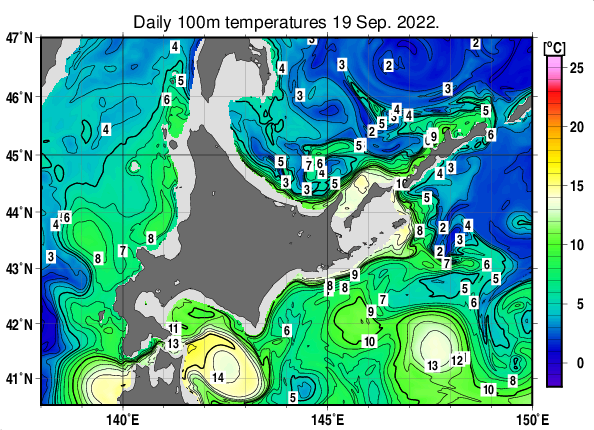 北海道周辺海域の深さ100mの水温分布図（9月19日）