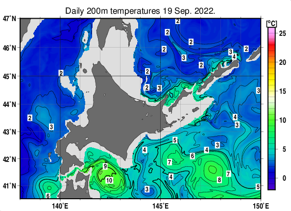 北海道周辺海域の深さ200mの水温分布図（9月19日）