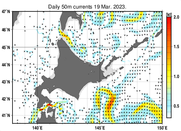 北海道周辺海域の深さ50mの海流分布図（3月19日）
