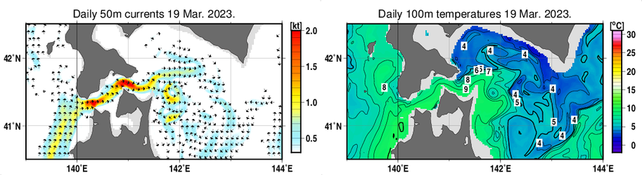 津軽暖流域の海況図（3月19日）