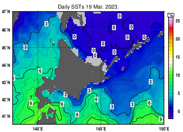 北海道周辺海域の海面水温分布図（3月19日）