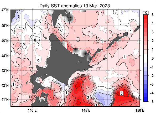 北海道周辺海域の海面水温平年差分布図(3月19日)