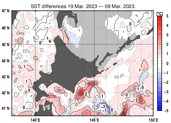 北海道周辺海域の10日間の海面水温変化量分布図（3月19日）