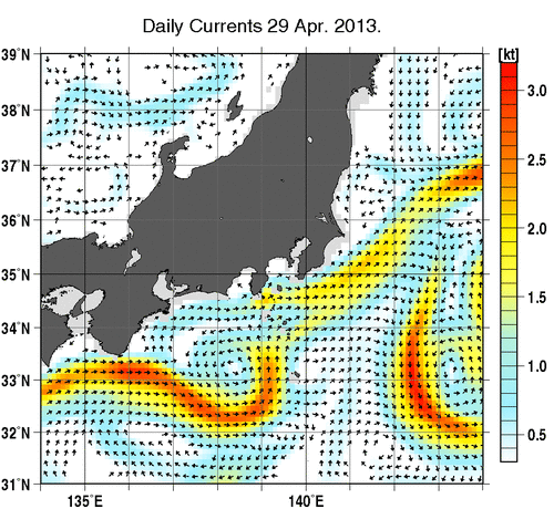 関東・東海・北陸周辺海域の深さ50mの海流分布図（4月29日）