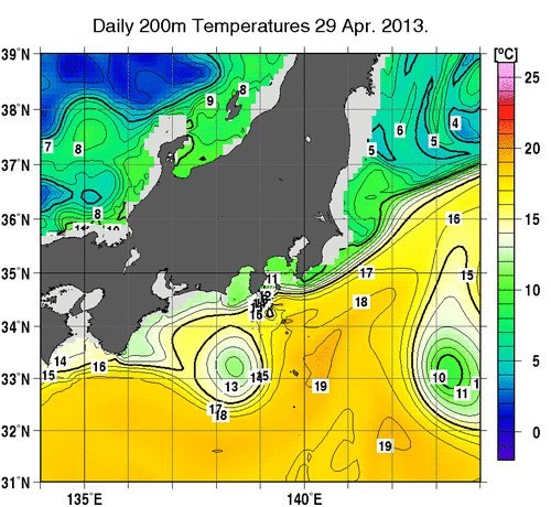 関東・東海・北陸周辺海域の深さ200mの水温分布図（4月29日）