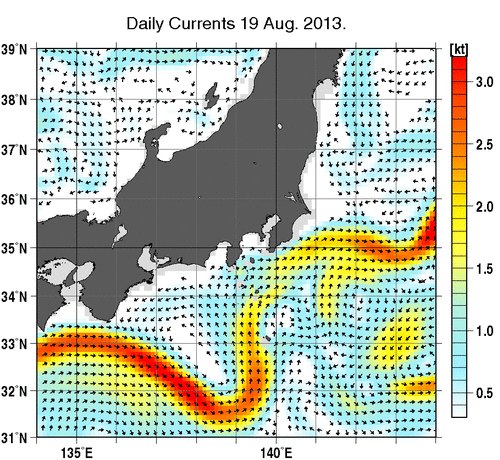 関東・東海・北陸周辺海域の深さ50mの海流分布図（8月19日）