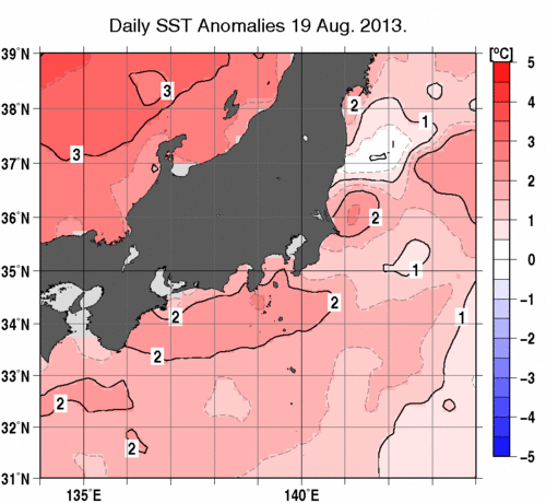 関東・東海・北陸周辺海域の海面水温平年差分布図（8月19日）