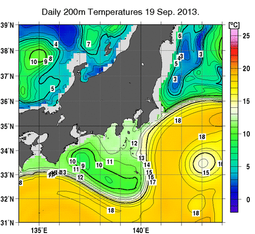 関東・東海・北陸周辺海域の深さ200mの水温分布図（9月19日）