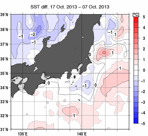 関東・東海・北陸周辺海域の10日間の海面水温変化量分布図（10月17日）