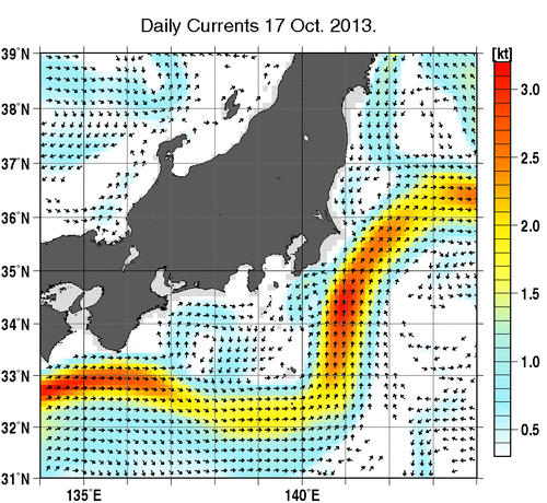 関東・東海・北陸周辺海域の深さ50mの海流分布図（10月17日）