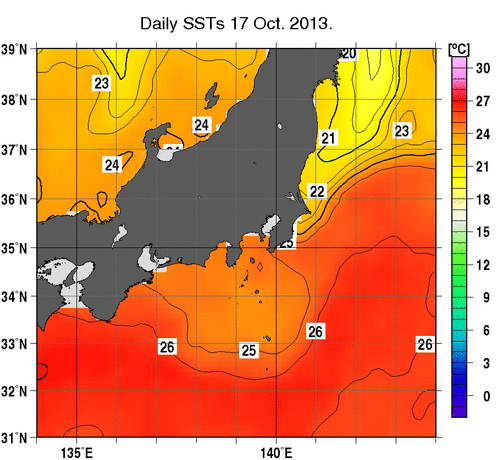 関東・東海・北陸周辺海域の海面水温分布図（10月17日）
