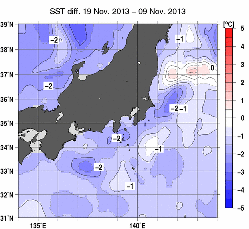 関東・東海・北陸周辺海域の10日間の海面水温変化量分布図（11月19日）