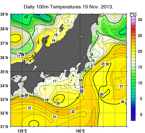 関東・東海・北陸周辺海域の深さ100mの水温分布図（11月19日）