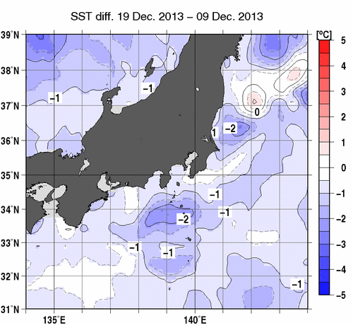 関東・東海・北陸周辺海域の10日間の海面水温変化量分布図（12月19日）