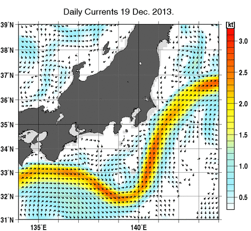 関東・東海・北陸周辺海域の深さ50mの海流分布図（12月19日）