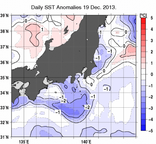 関東・東海・北陸周辺海域の海面水温平年差分布図（12月19日）