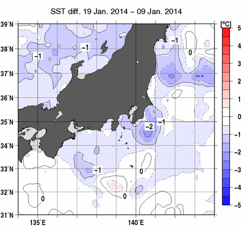 関東・東海・北陸周辺海域の10日間の海面水温変化量分布図（1月19日）