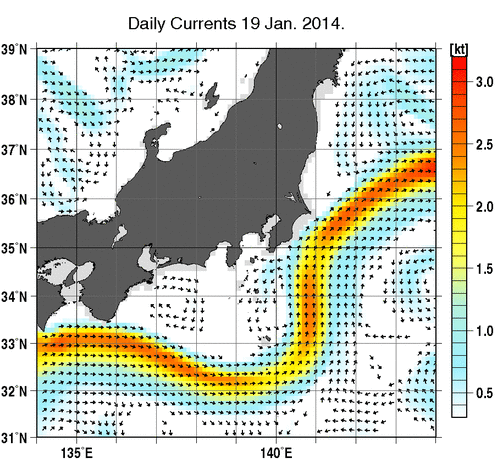 関東・東海・北陸周辺海域の深さ50mの海流分布図（1月19日）