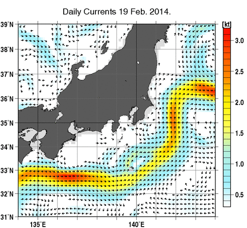 関東・東海・北陸周辺海域の深さ50mの海流分布図（2月19日）