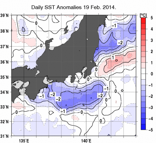 関東・東海・北陸周辺海域の海面水温平年差分布図（2月19日）