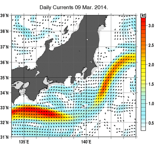 関東・東海・北陸周辺海域の深さ50mの海流分布図（3月9日）