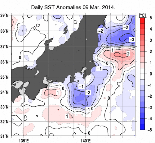 関東・東海・北陸周辺海域の海面水温平年差分布図（3月9日）