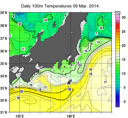 関東・東海・北陸周辺海域の深さ100mの水温分布図（3月9日）