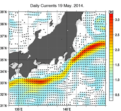 関東・東海・北陸周辺海域の深さ50mの海流分布図（5月19日）