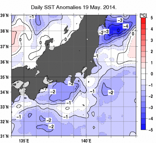関東・東海・北陸周辺海域の海面水温平年差分布図（5月19日）