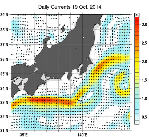 関東・東海・北陸周辺海域の深さ50mの海流分布図（10月19日）