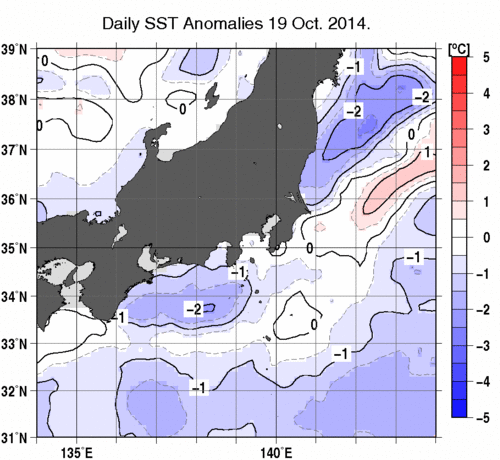 関東・東海・北陸周辺海域の海面水温平年差分布図（10月19日）