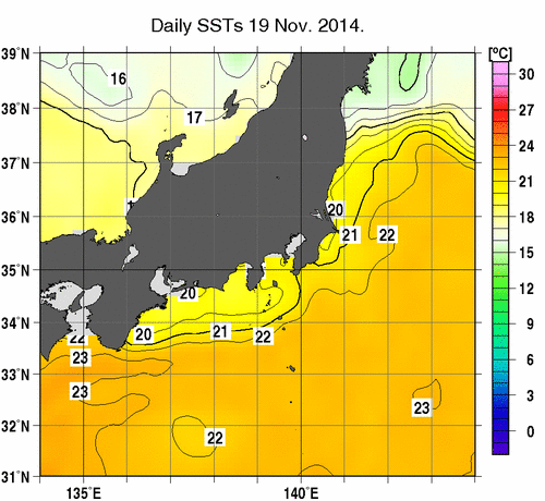 関東・東海・北陸周辺海域の海面水温分布図（11月19日）