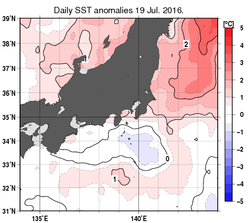 関東・東海・北陸周辺海域の海面水温平年差分布図（7月19日）
