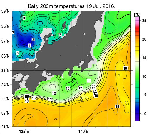 関東・東海・北陸周辺海域の深さ200mの水温分布図（7月19日）