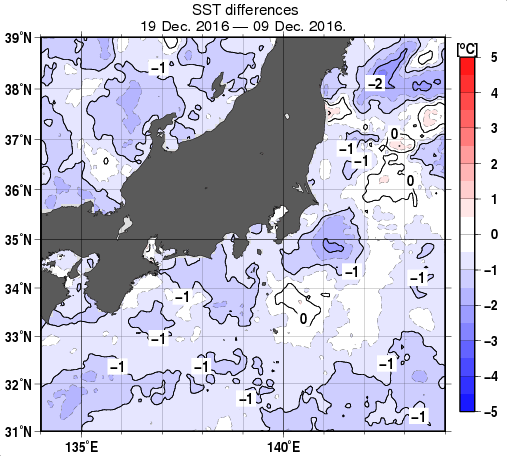 関東・東海・北陸周辺海域の10日間の海面水温変化量分布図（12月19日）
