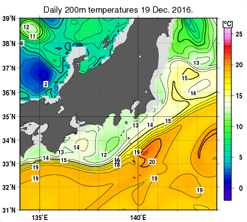 関東・東海・北陸周辺海域の深さ200mの水温分布図（12月19日）