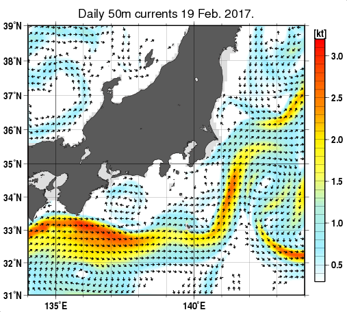 関東・東海・北陸周辺海域の深さ50mの海流分布図（2月19日）