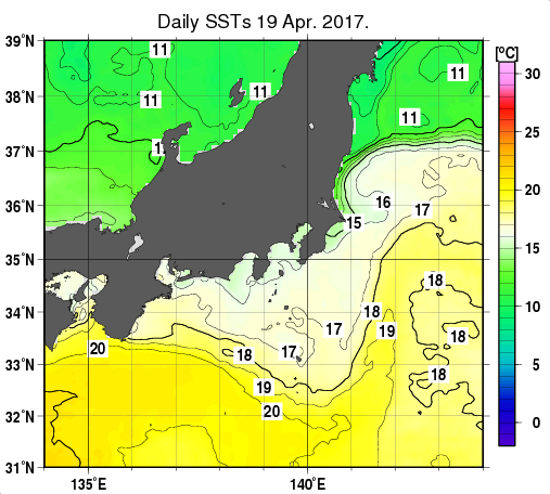 関東・東海・北陸周辺海域の海面水温分布図（4月19日）