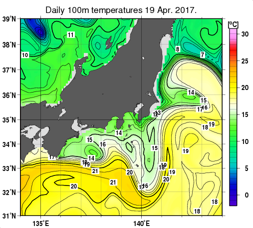 関東・東海・北陸周辺海域の深さ100mの水温分布図（4月19日）