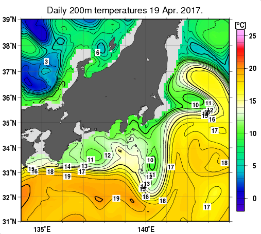 関東・東海・北陸周辺海域の深さ200mの水温分布図（4月19日）
