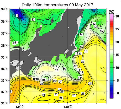 関東・東海・北陸周辺海域の深さ100mの水温分布図（5月9日）